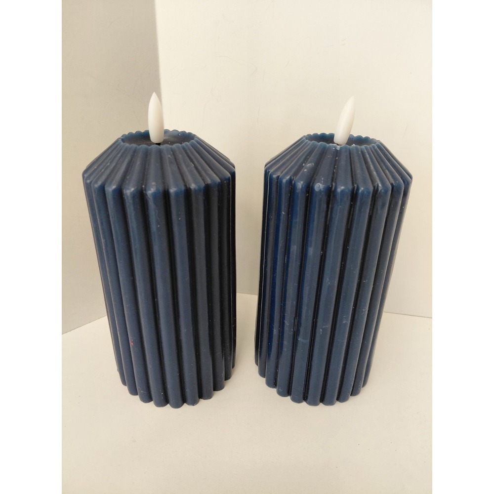 SET of 2 Ashland Wax LED Candles Warm White Flickering Flame 6" Blue NEW